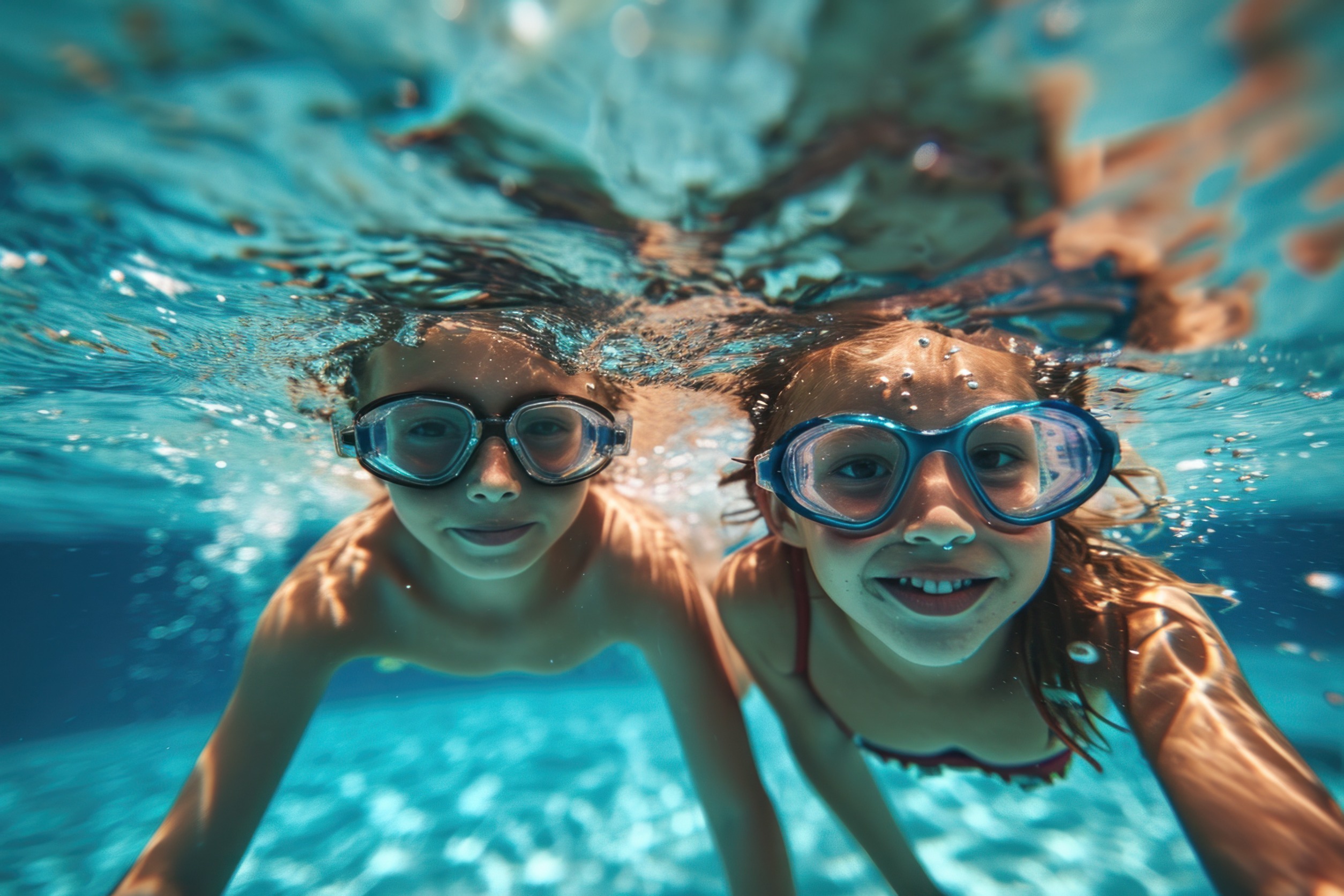 Two happy kids smiling underwater while swimming together.