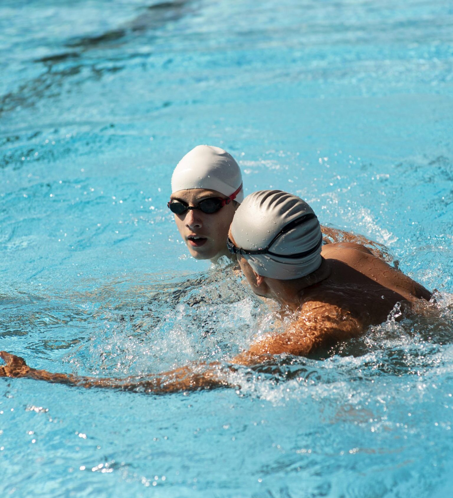 Side view of adult swimmers in the pool, swimming with strong strokes.